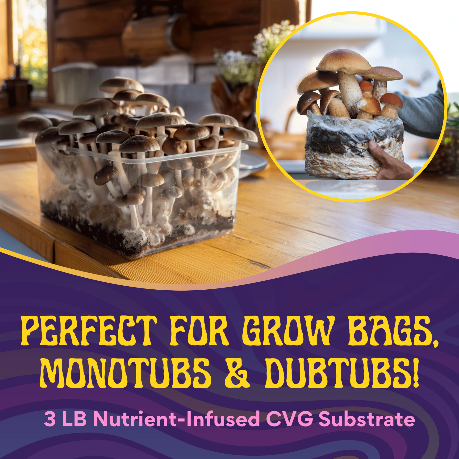 A container of mushrooms on a kitchen counter, hands holding a block of substrate. Text: The Sorcerer's Mystic Blend Premium CVG Bulk Substrate—perfect for grow bags, monotubs, & dubtubs! 3 lb nutrient-infused CVG.