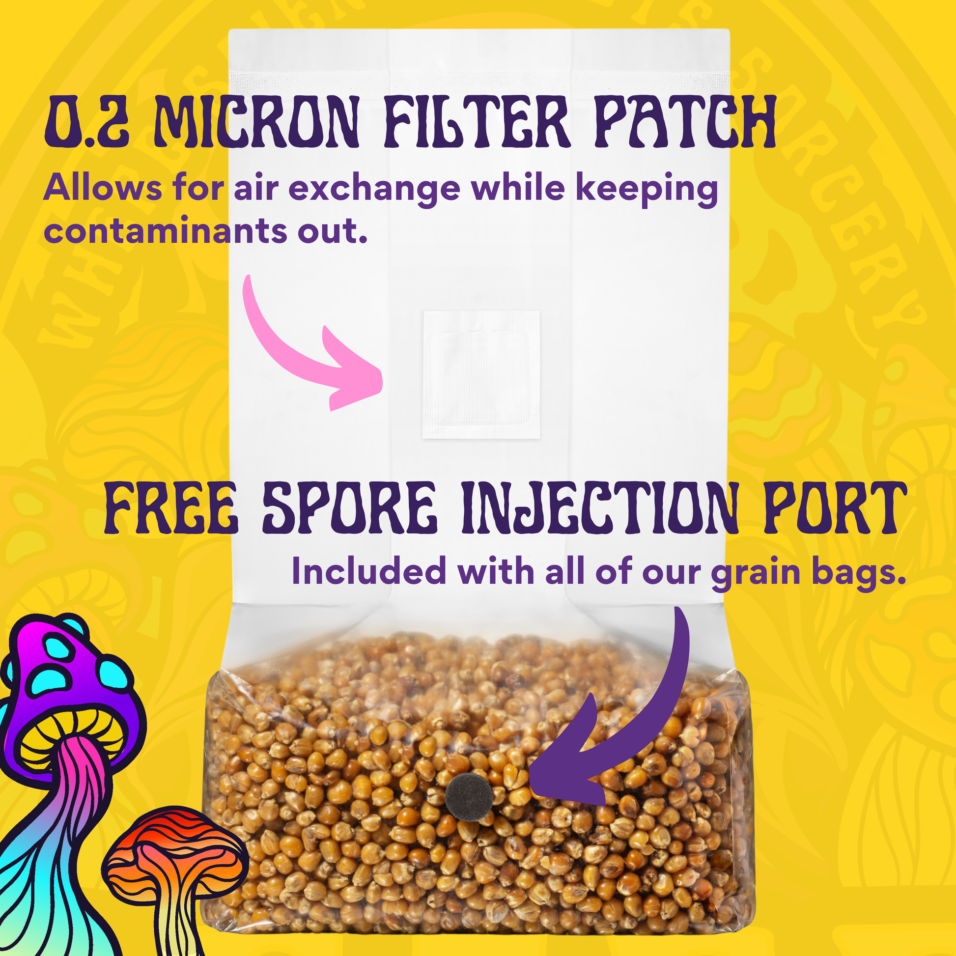 The 3lb Drippy Corn Grain Spawn comes in a clear bag with a 0.2 micron filter patch, black spore injection port, labeled details, and colorful mushroom graphics—ideal for rapid colonization in mushroom grow bags.