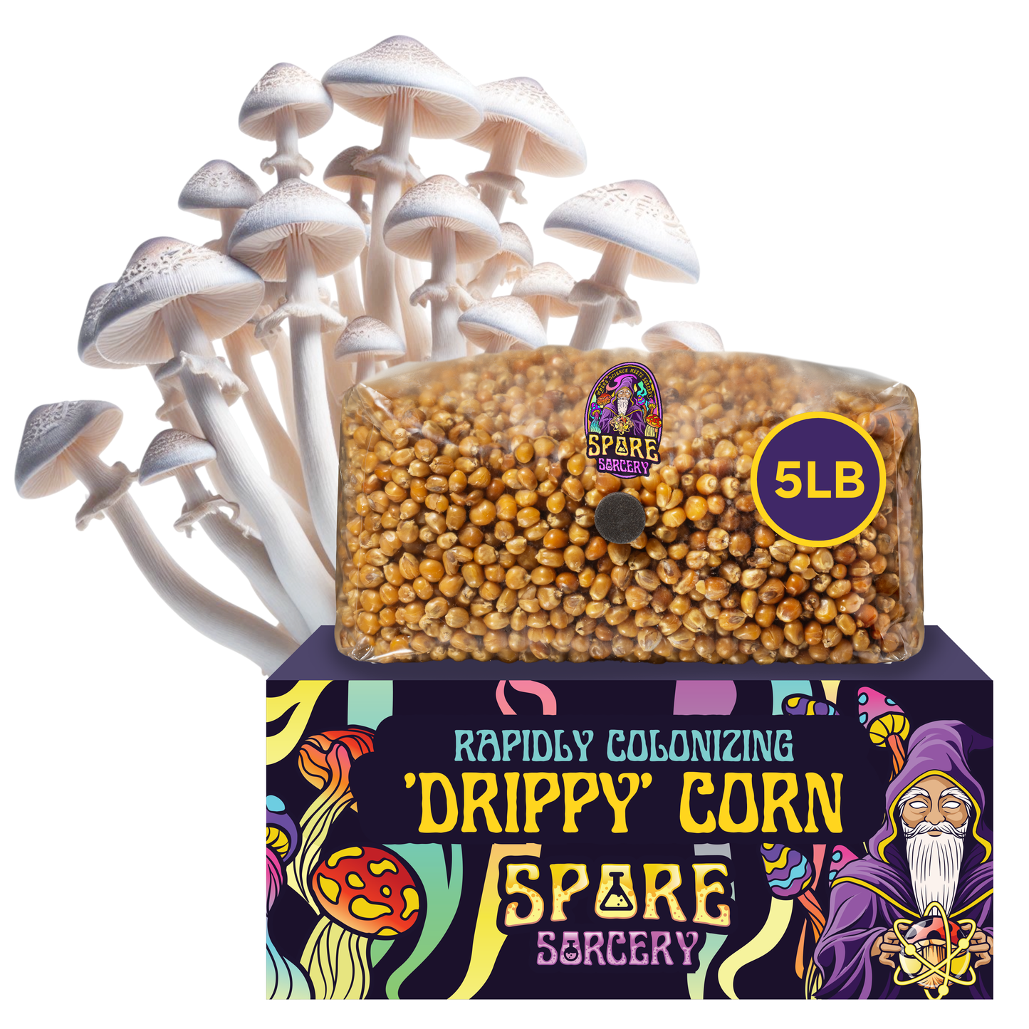 A clear 5lb Drippy Corn Grain Spawn bag sits on a colorful box labeled Rapidly Colonizing Drippy Corn Spare Sorcery—premium mushroom cultivation grain. The box displays vibrant mushrooms, a wizard, and white mushrooms appear behind it.