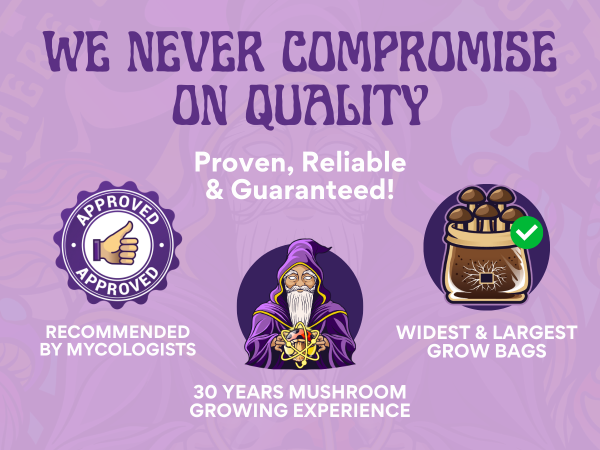 A bold purple graphic featuring the message “We Never Compromise on Quality” alongside icons of an approval badge, a wizard, and a mushroom grow bag. Text spotlights mycologist endorsements, 30 years of expertise, and extra-large bags—all part of the Spore Sorcery 8 lb Monotub Refill Kit (3 lb sterilized grain & 5 lb premium CVG bulk substrate), expertly prepared to deliver optimal results for every home cultivator.