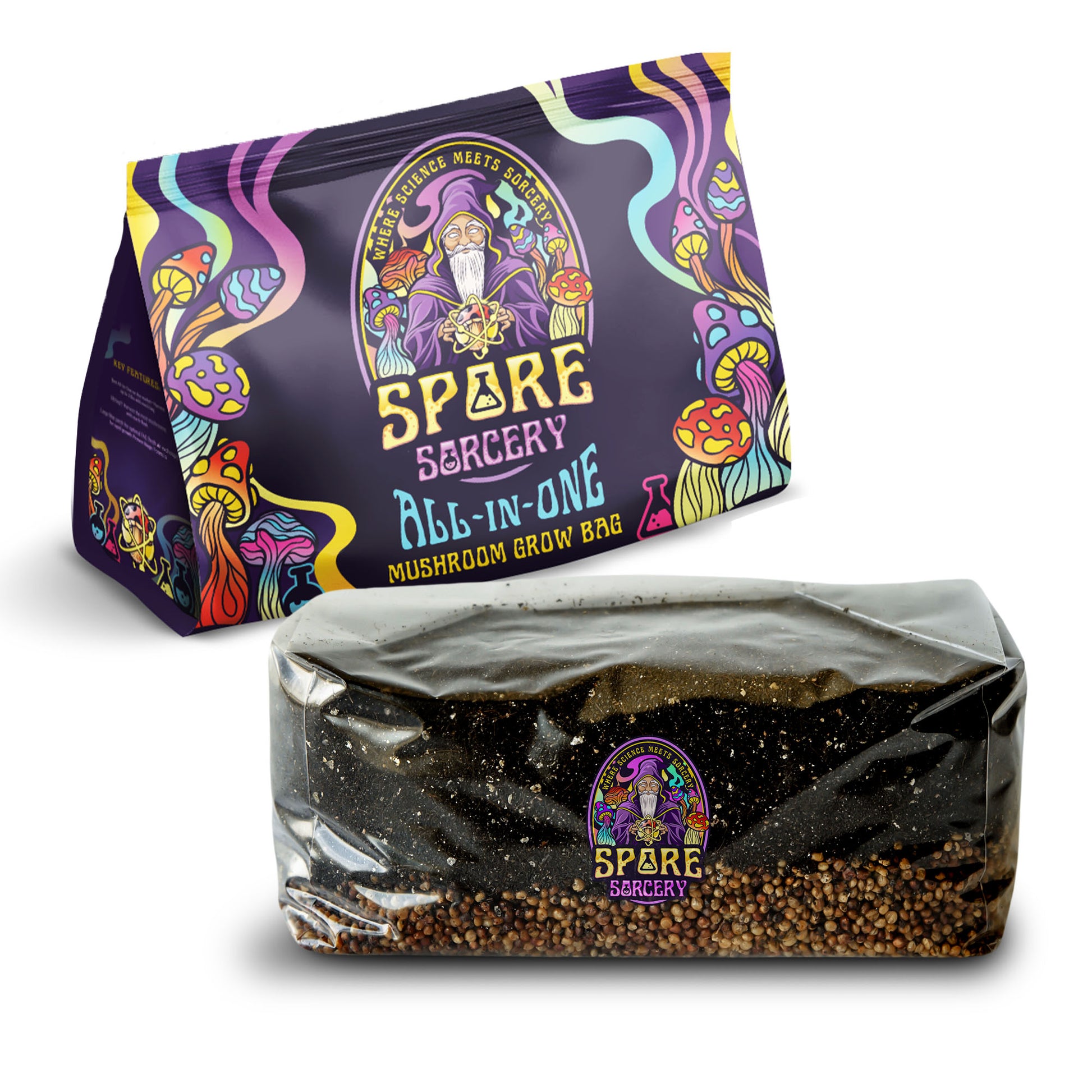 A vibrant bag labeled "6 Pack | 6 lb All-in-One Mushroom Grow Kit" with colorful mushroom and wizard art, shown beside a sealed kit—perfect for growing mushrooms at home with included substrate and grains.