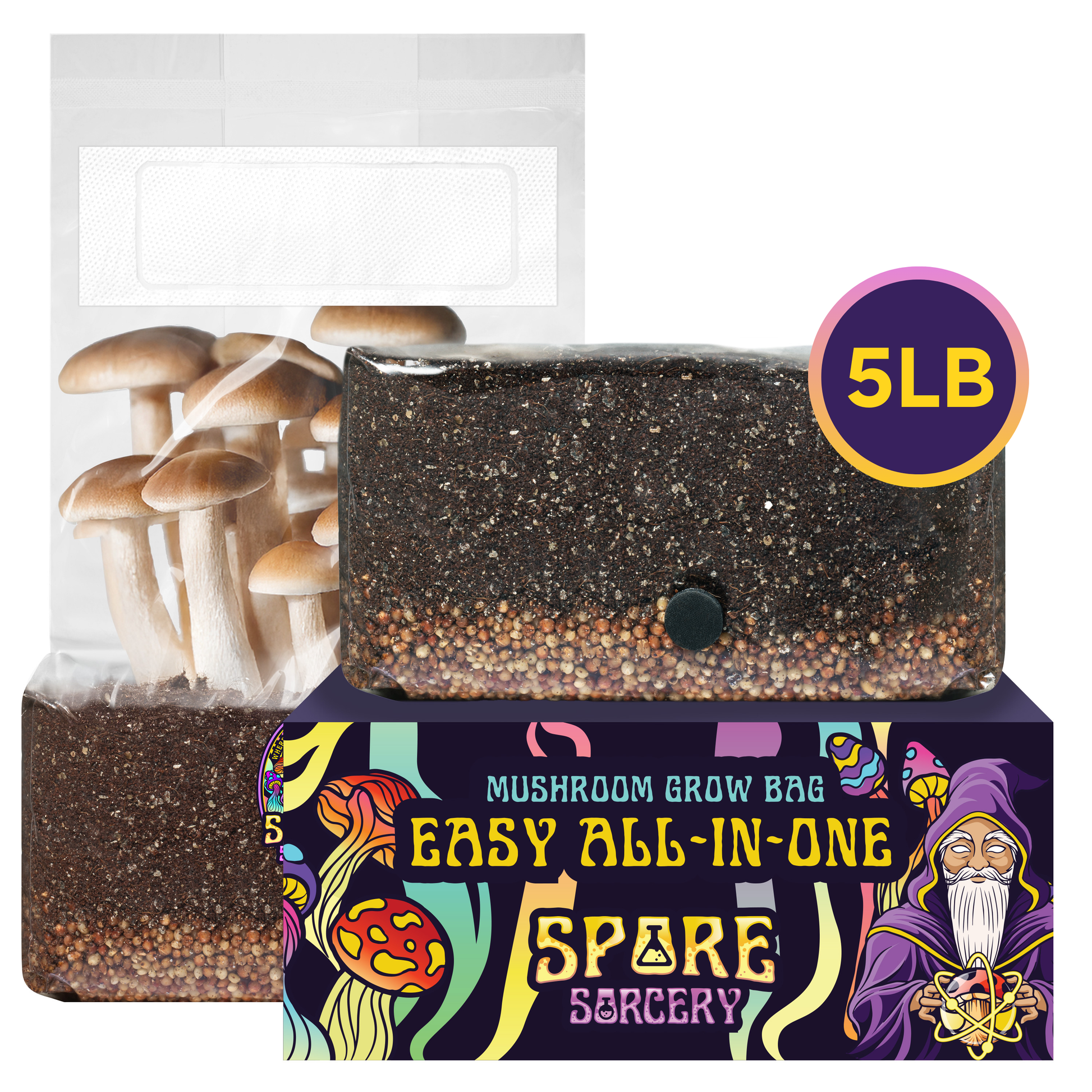The 5lb All-In-One Mushroom Grow Bag (Spores Not Included) features sterilized grain and bulk substrate, psychedelic mushroom and wizard artwork, and a clear bag so you can watch your mushrooms grow.