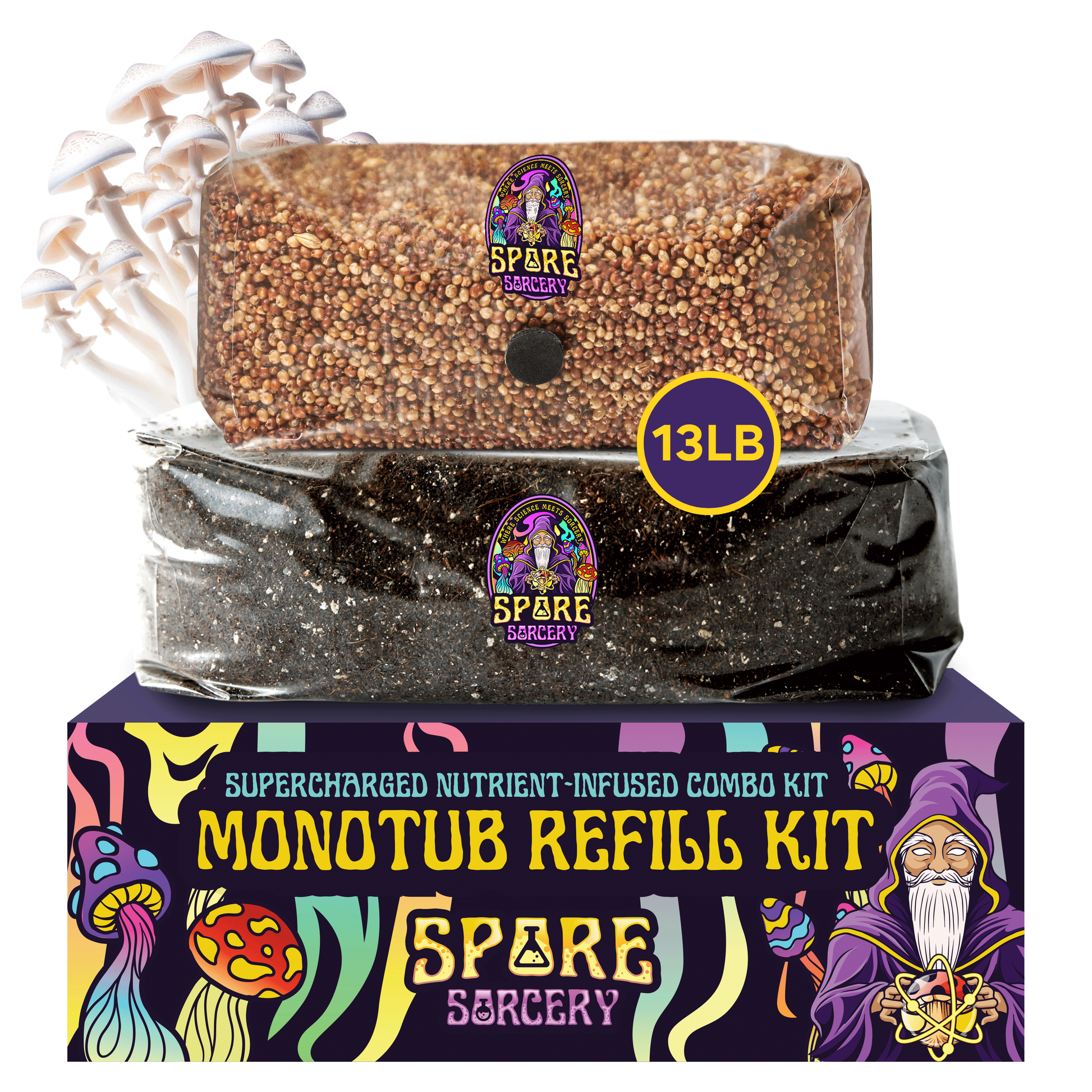 A vibrant Monotub Refill Kit box labeled Supercharged Nutrient-Infused Combo Kit features a cartoon wizard, mushrooms, and two Spore Sorcery-branded sealed bags: 3lbs of sterilized milo sorghum grain spawn and 5lbs of hydrated, nutrient-enhanced CVG substrate.