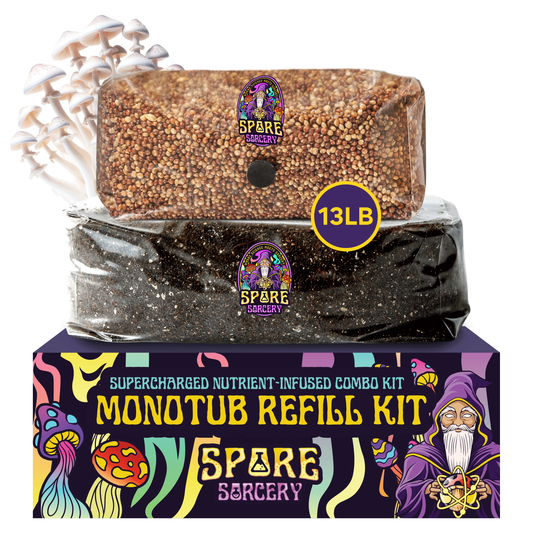 A vibrant Monotub Refill Kit box labeled Supercharged Nutrient-Infused Combo Kit features a cartoon wizard, mushrooms, and two Spore Sorcery-branded sealed bags: 3lbs of sterilized milo sorghum grain spawn and 5lbs of hydrated, nutrient-enhanced CVG substrate.