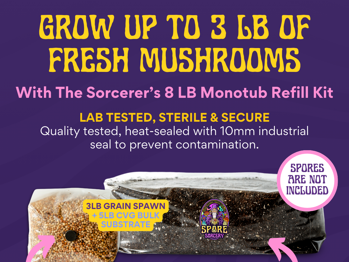 Grow up to 3 lb of mushrooms with the Monotub Refill Kit—includes sterilized milo sorghum grain spawn and premium hydrated CVG substrate. Lab tested, secure, spores not included. Two substrate bags shown.