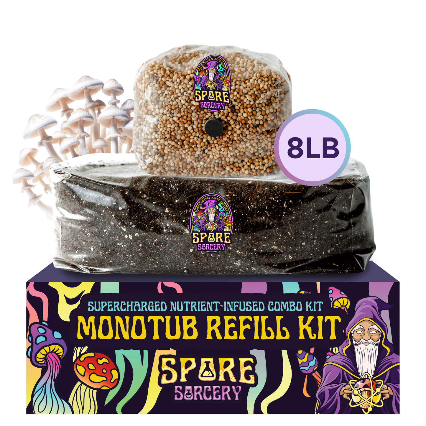 A colorful Monotub Refill Kit box with the Spore Sorcery logo and wizard graphics holds a bag of sterilized milo sorghum grain spawn and premium CVG bulk substrate, hydrated and nutrient-enhanced, with white mushrooms beside it.