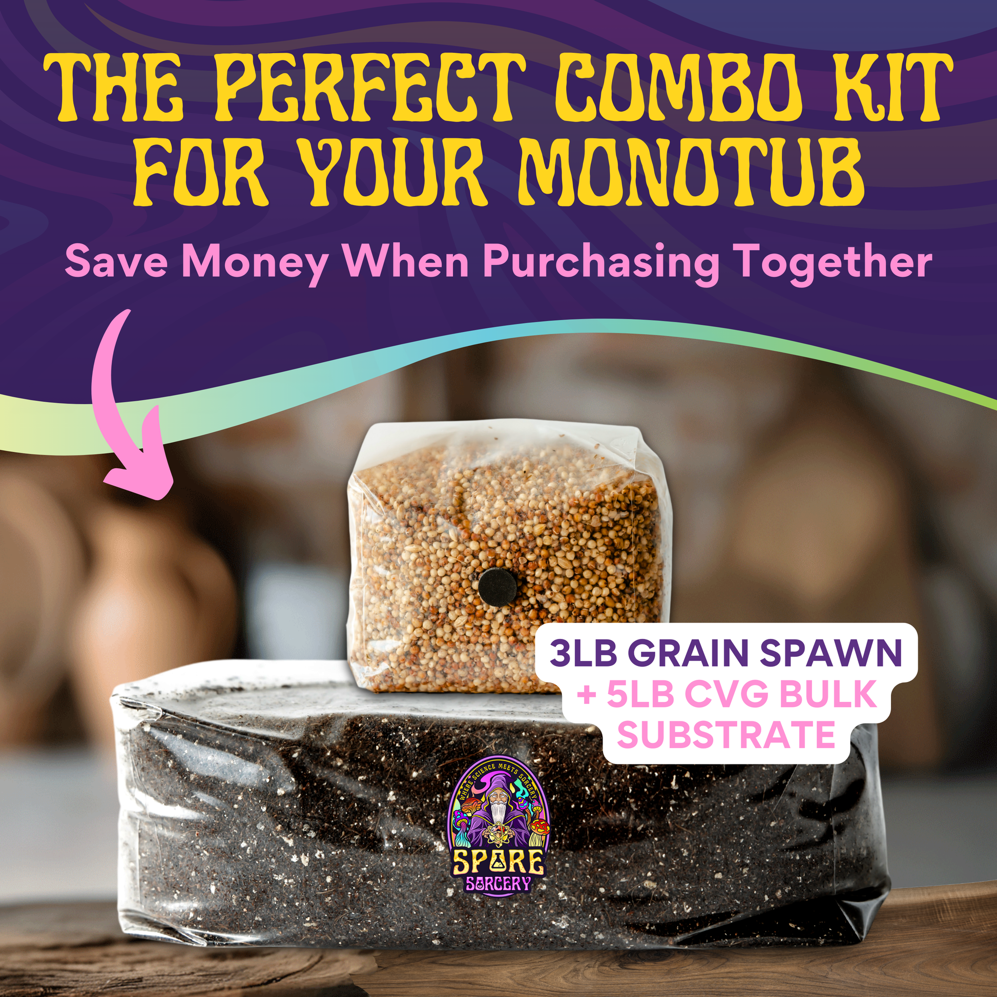 A promo image displays the Monotub Refill Kit: Sterilized Milo Sorghum Grain Spawn and Premium CVG Bulk Substrate—hydrated and nutrient-enhanced. Save by buying together! Includes 3lb grain spawn + 5lb CVG substrate.