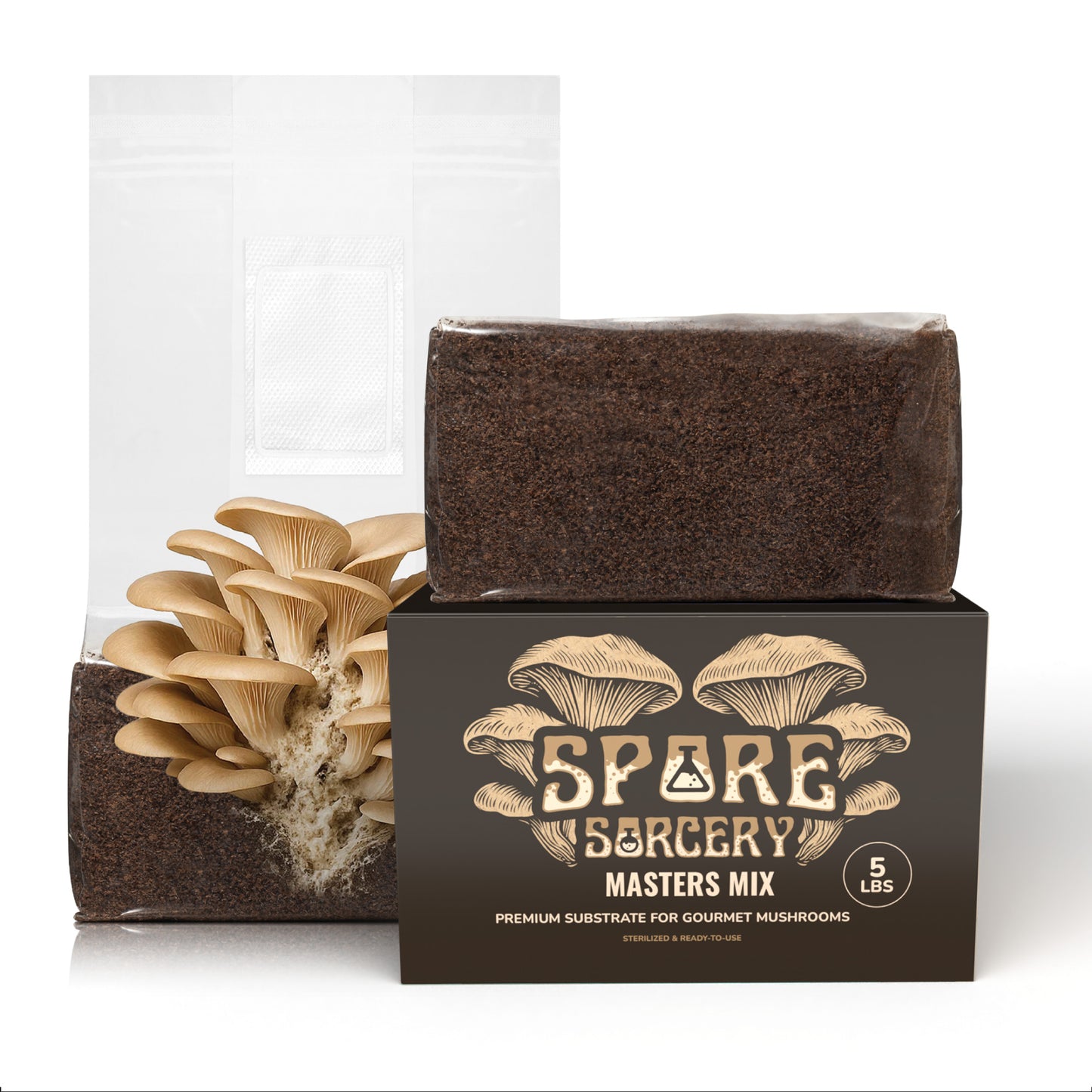 A grow kit with a clear bag sprouting oyster mushrooms from a sterilized substrate, shown with a sealed block and a black box labeled "5lb Master's Mix Substrate—50/50 Oak Hardwood Pellets & Non-GMO Soy Hulls, ready for gourmet mushroom cultivation.