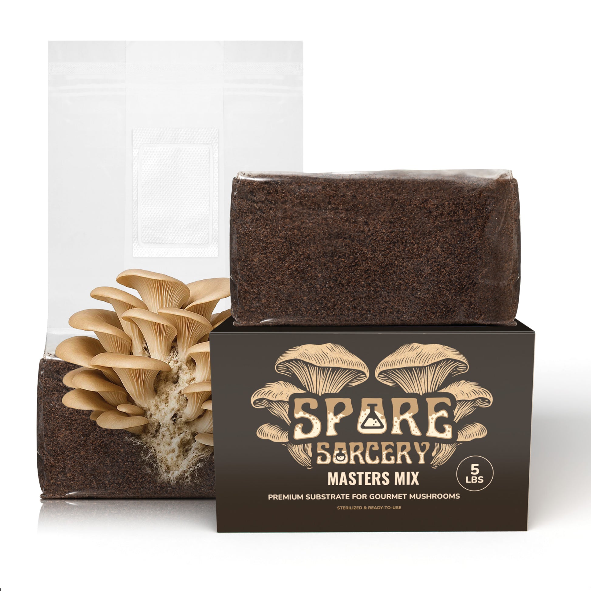 A grow kit with a clear bag sprouting oyster mushrooms from a sterilized substrate, shown with a sealed block and a black box labeled "5lb Master's Mix Substrate—50/50 Oak Hardwood Pellets & Non-GMO Soy Hulls, ready for gourmet mushroom cultivation.