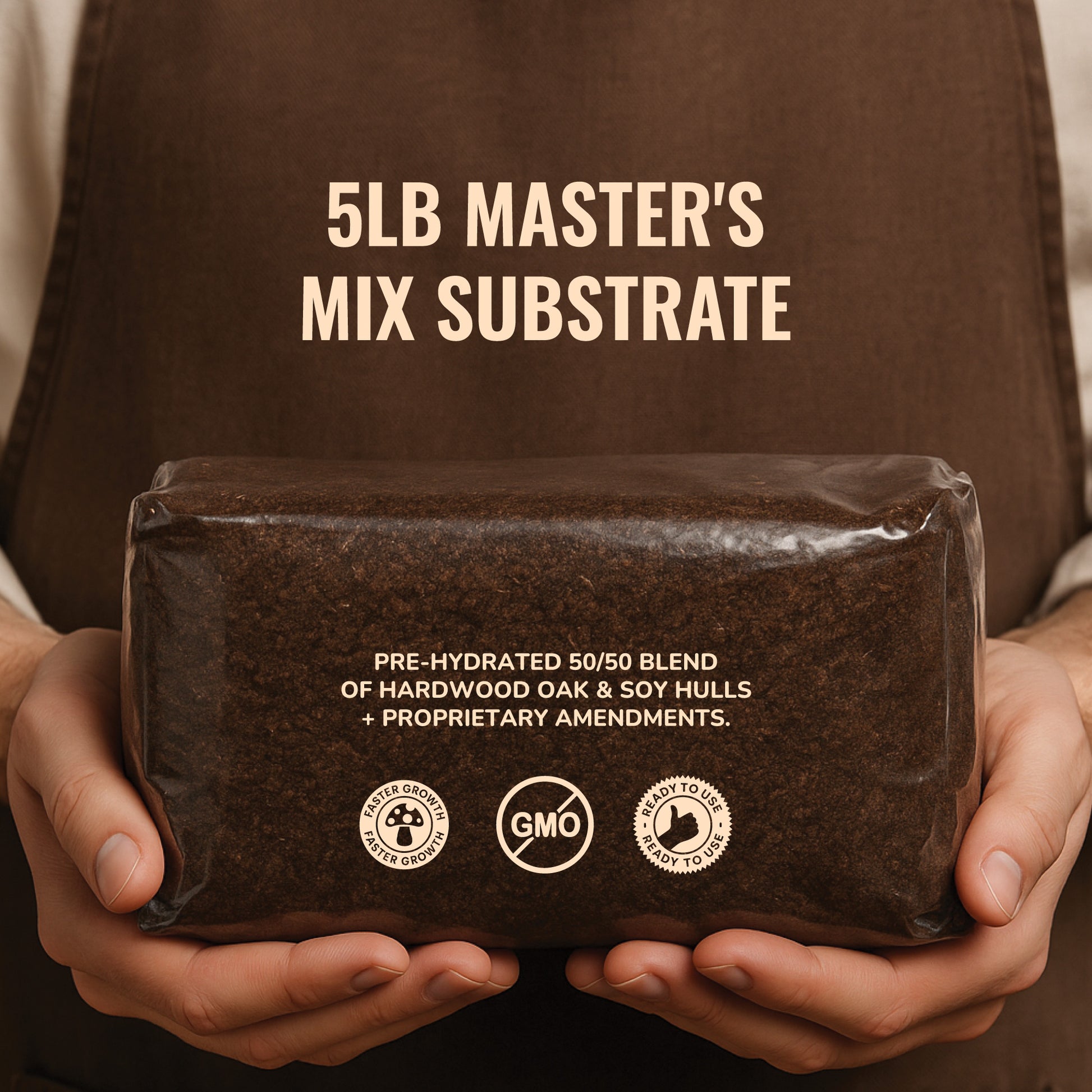A person in a brown apron holds a 5lb Master's Mix Substrate—50/50 oak hardwood pellets and non-GMO soy hulls, prepped and ready for gourmet mushroom cultivation—ideal for any mushroom grow bag.
