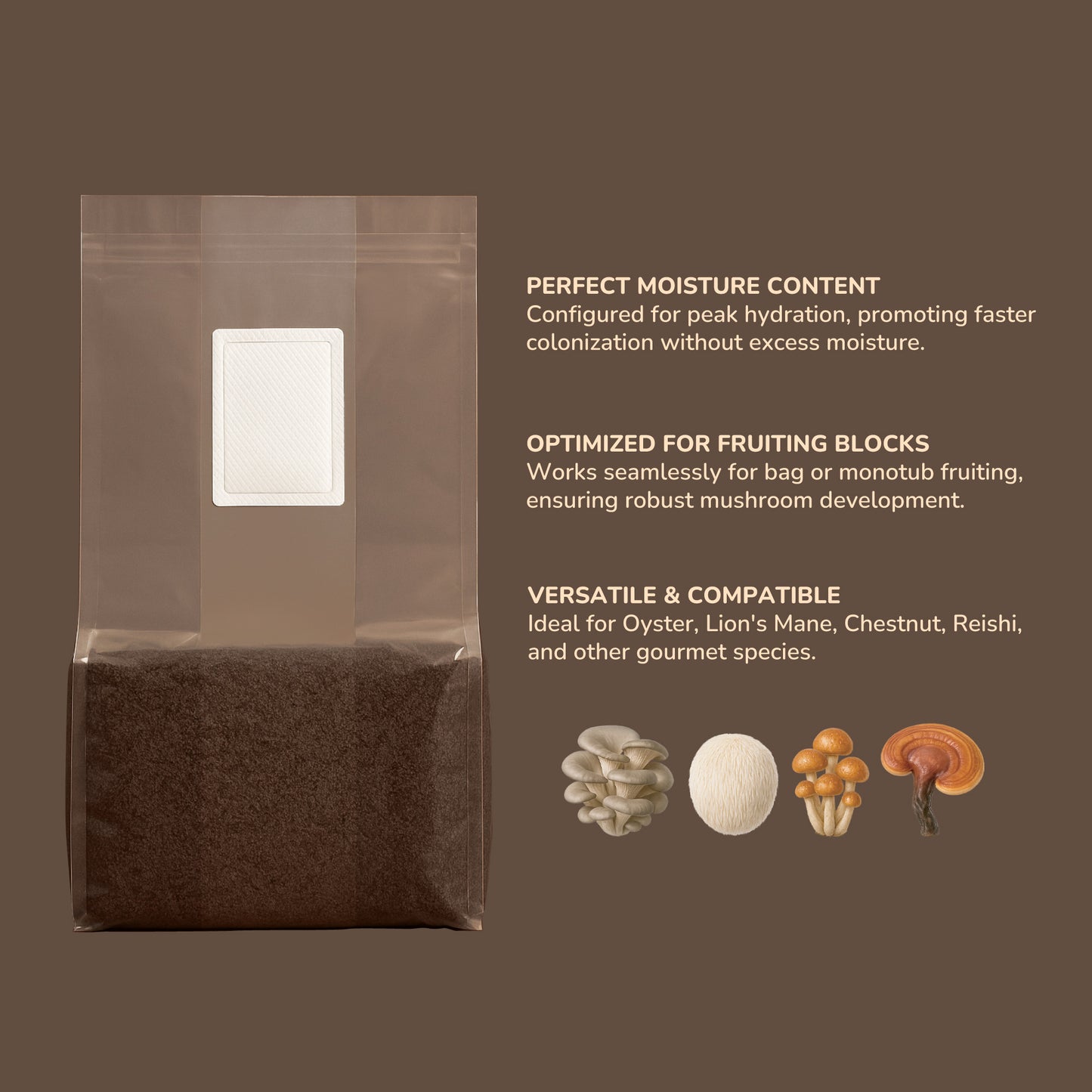 A sealed, clear bag of 5lb Master's Mix Substrate (50/50 Oak Hardwood Pellets & Non-GMO Soy Hulls) with perfect moisture is featured as prepped and ready for gourmet mushroom cultivation, accompanied by images of various mushrooms.