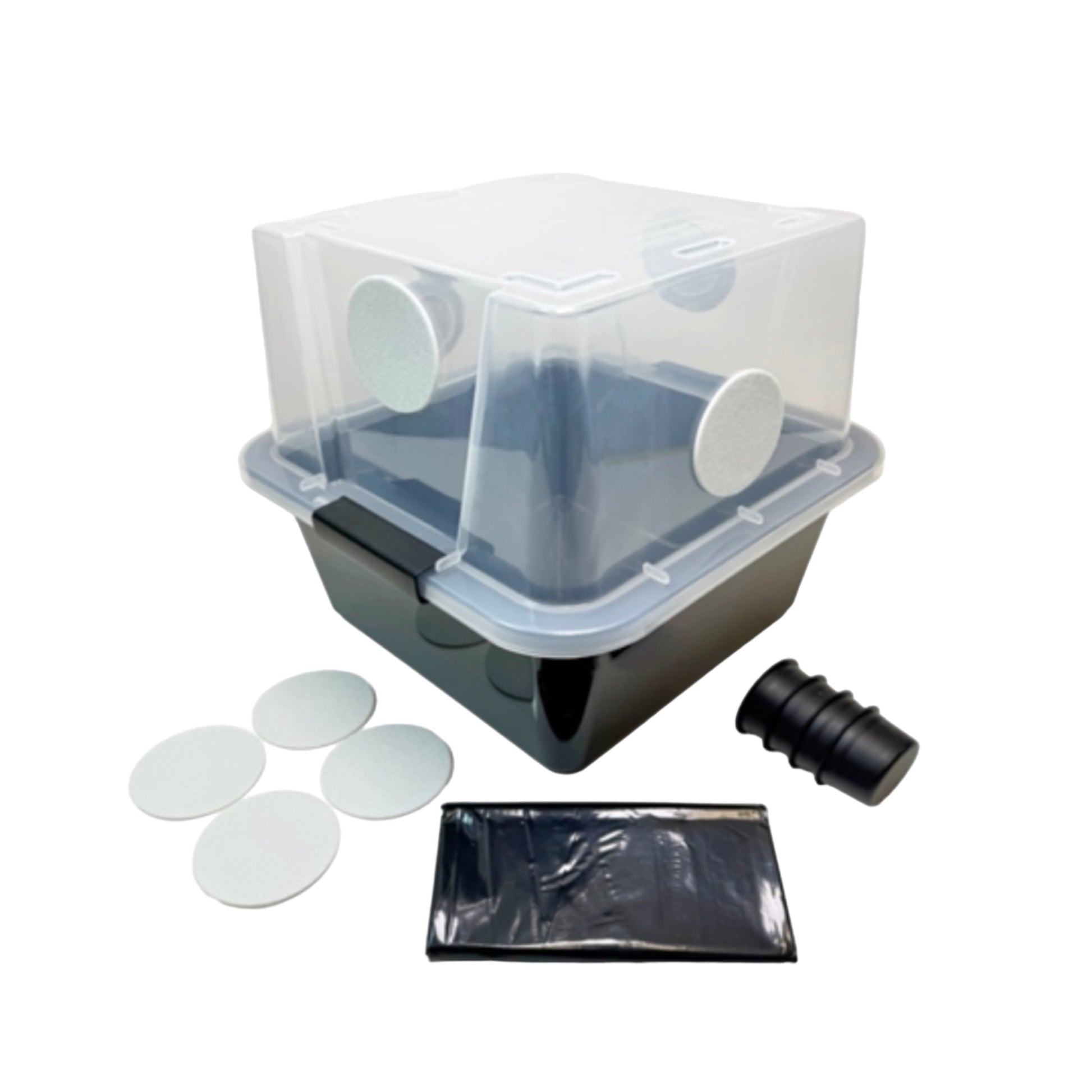 The medium Microppose monotub is made from durable PP plastic and measures 18"L x 15.5"W x 12"H. It has six air holes that are compatible with 2" filters, plugs, and liners and fits on most common steel wire shelf setups.&nbsp;