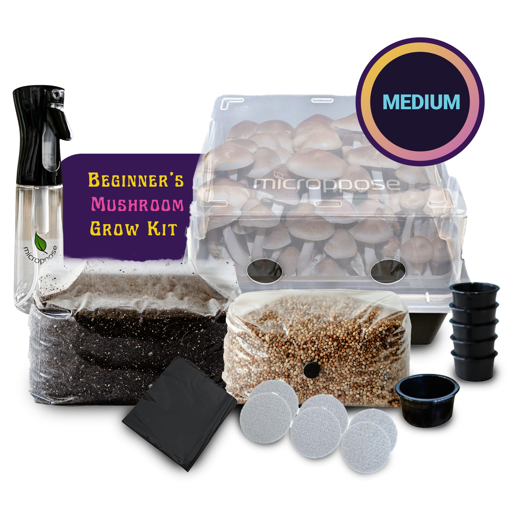 Spore Sorcery medium beginner’s mushroom grow kit featuring a Micropose monotub filled with mushrooms, an 8lb substrate bag, a 5lb grain bag, a spray bottle, filters, black trash bags, and additional accessories. The label 'Beginner's Mushroom Grow Kit' and 'Medium' badge highlight the kit's size and suitability for new growers.