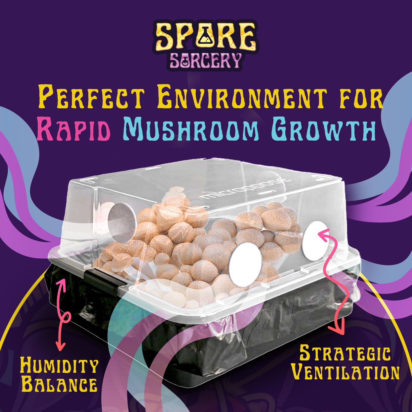 Spore Sorcery medium mushroom growing kit showcasing a transparent Micropose monotub filled with mushrooms. The tagline 'Perfect Environment for Rapid Mushroom Growth' highlights features such as 'Humidity Balance' and 'Strategic Ventilation.' Psychedelic patterns and vibrant text emphasize the kit’s optimized growing environment.