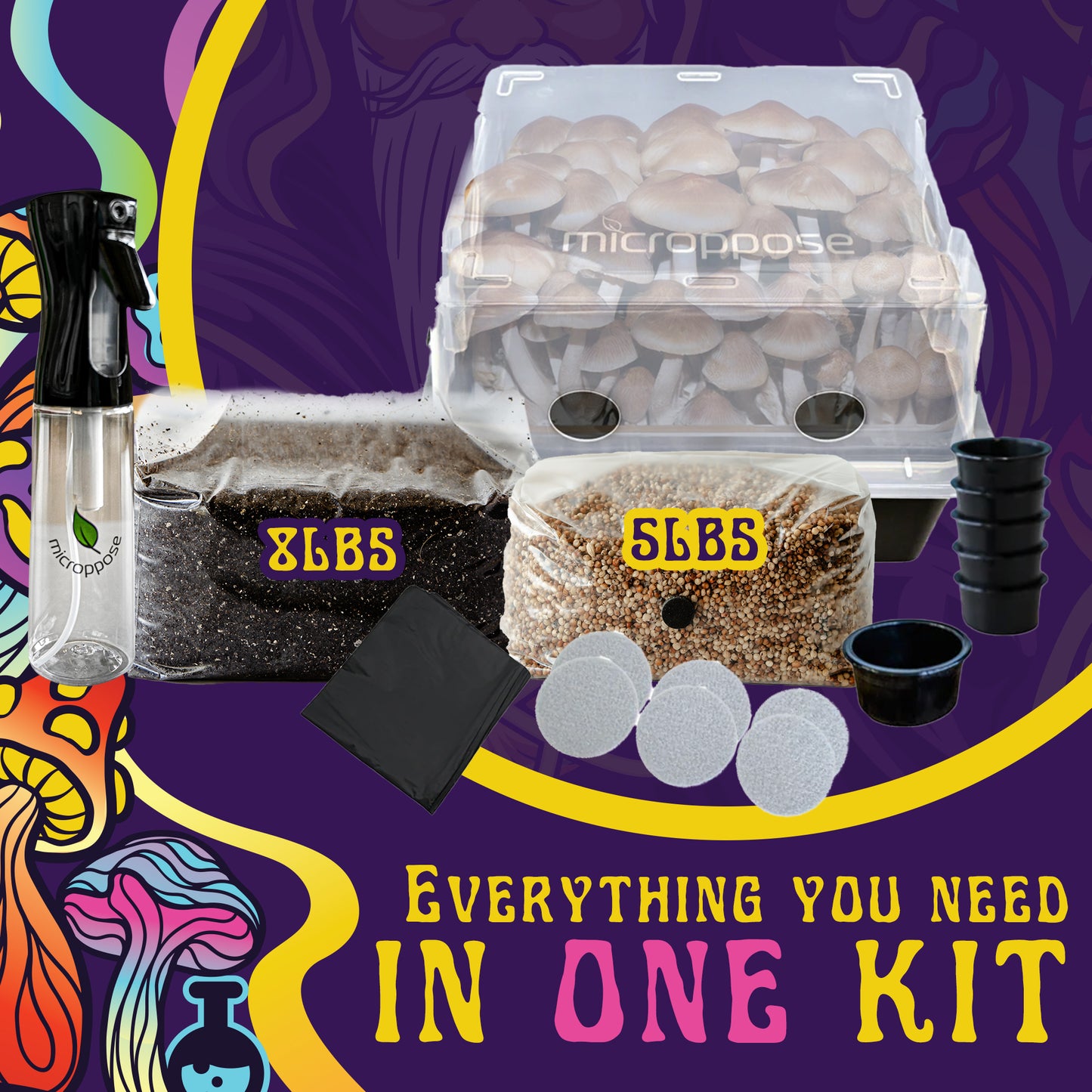 Spore Sorcery medium mushroom growing kit showcasing all included components: an 8lb substrate bag, a 5lb grain bag, a transparent Micropose monotub filled with mushrooms, a spray bottle, filters, black trash bags, and additional accessories. The tagline 'Everything You Need in One Kit' emphasizes the kit's completeness. Vibrant mushroom illustrations and psychedelic patterns highlight the branding.