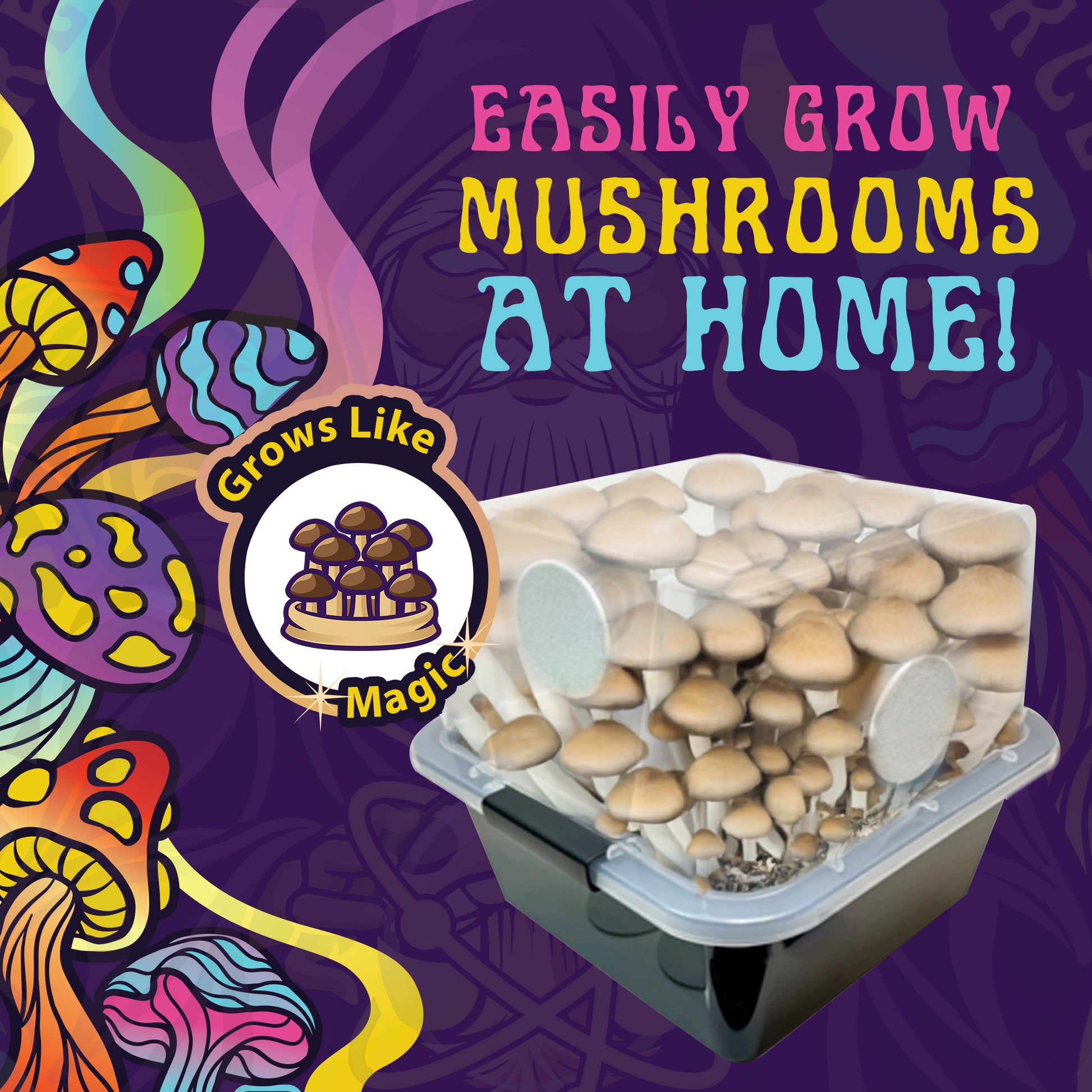 Spore Sorcery beginner mushroom growing kit with fully grown mushrooms inside a transparent container. The tagline 'Easily Grow Mushrooms at Home!' is displayed alongside a 'Grows Like Magic' badge. The colorful psychedelic background and mushroom illustrations enhance the vibrant and whimsical design.