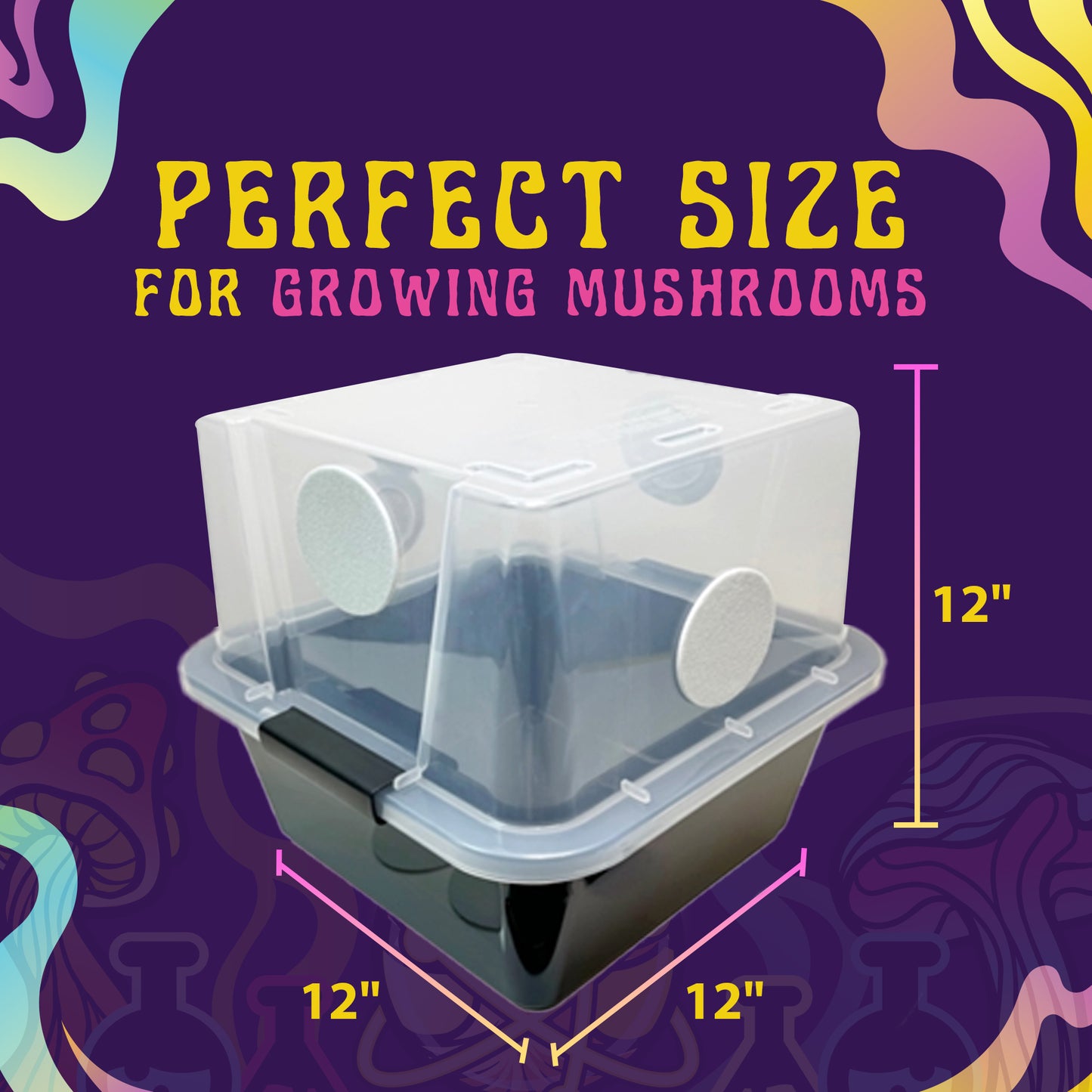 Spore Sorcery mushroom growing kit featuring a clear plastic container with ventilation ports, measuring 12x12x12 inches. The tagline 'Perfect Size for Growing Mushrooms' emphasizes its suitability for small-scale cultivation. The background includes vibrant psychedelic patterns and mushroom illustrations, enhancing the branding.