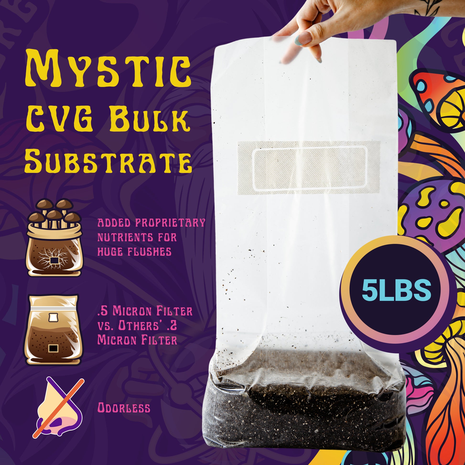 Spore Sorcery 5lb Mystic CVG Bulk Substrate bag, showcasing its features including added proprietary nutrients for large mushroom flushes, a 0.5-micron filter for superior filtration compared to others' 2-micron filters, and an odorless formulation. The clear bag displays the substrate inside, with vibrant illustrations and bold text emphasizing the product’s quality.