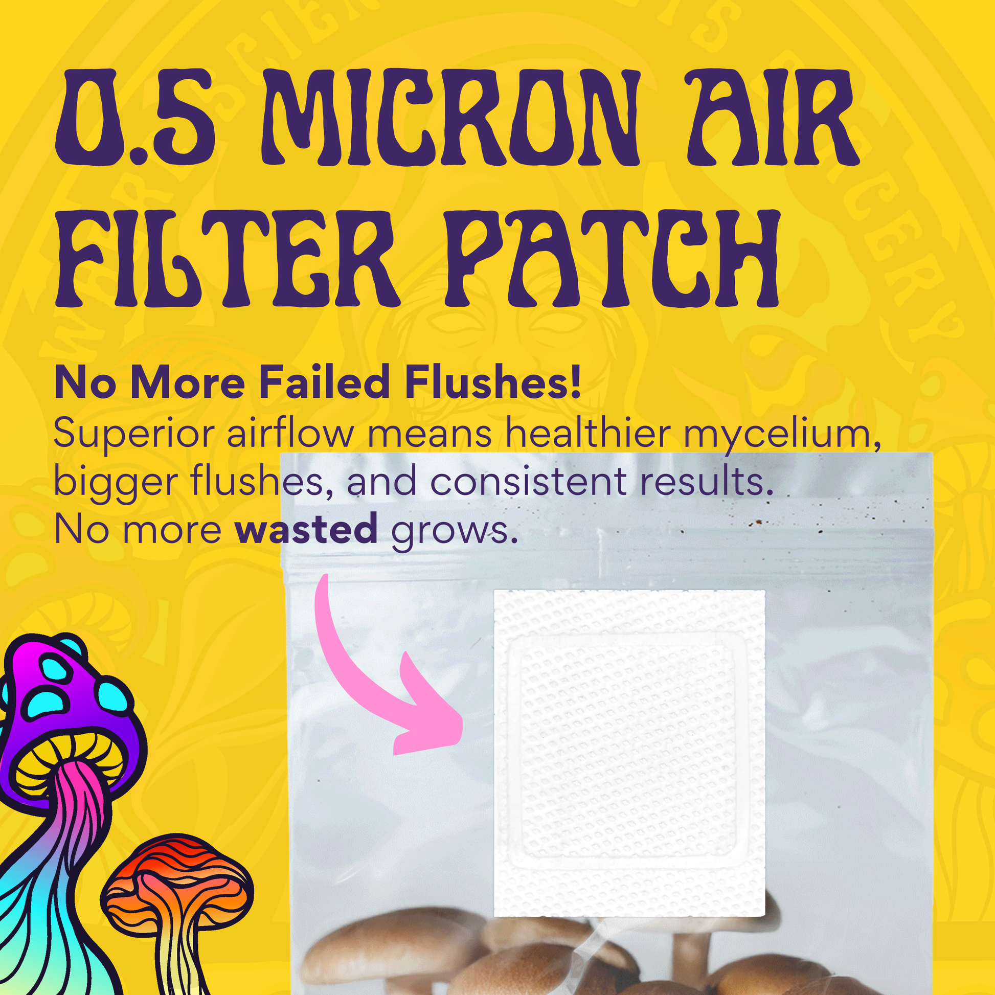 A clear bag of Monotub Refill Kit shows a white 0.5 micron air filter patch on sterilized Milo sorghum grain spawn with premium CVG substrate. Text highlights the patch’s benefits, while cartoon mushrooms decorate the bottom left corner.
