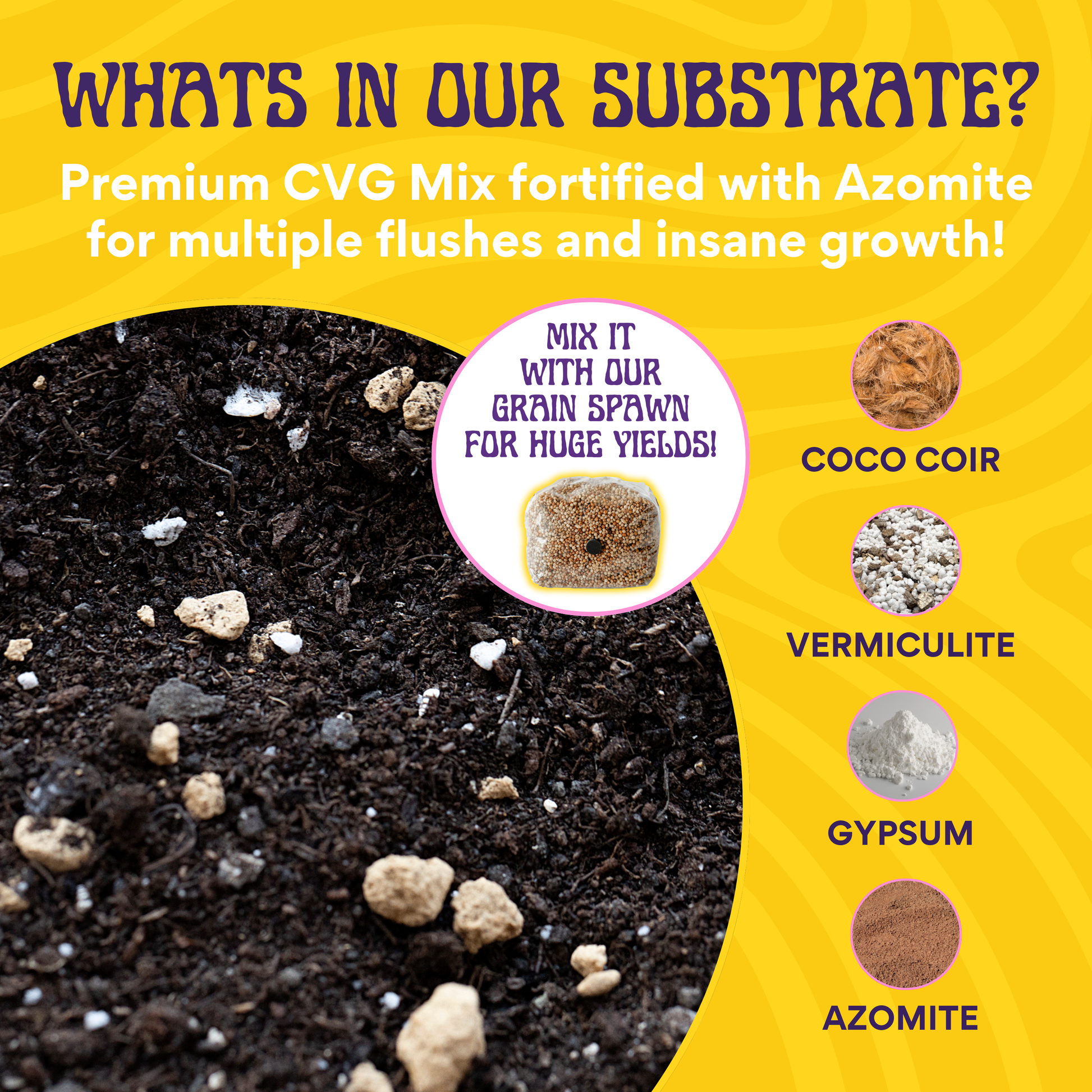 Close-up of Premium CVG Bulk Substrate with white and tan particles from the Monotub Refill Kit, which includes Sterilized Milo Sorghum Grain Spawn. The hydrated, nutrient-enhanced mix is ready for improved yields.